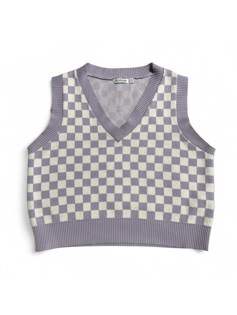 Stradivarius 100%‎ Cotton Lavender Checkered Sweater Knit Tank Top, Size XS